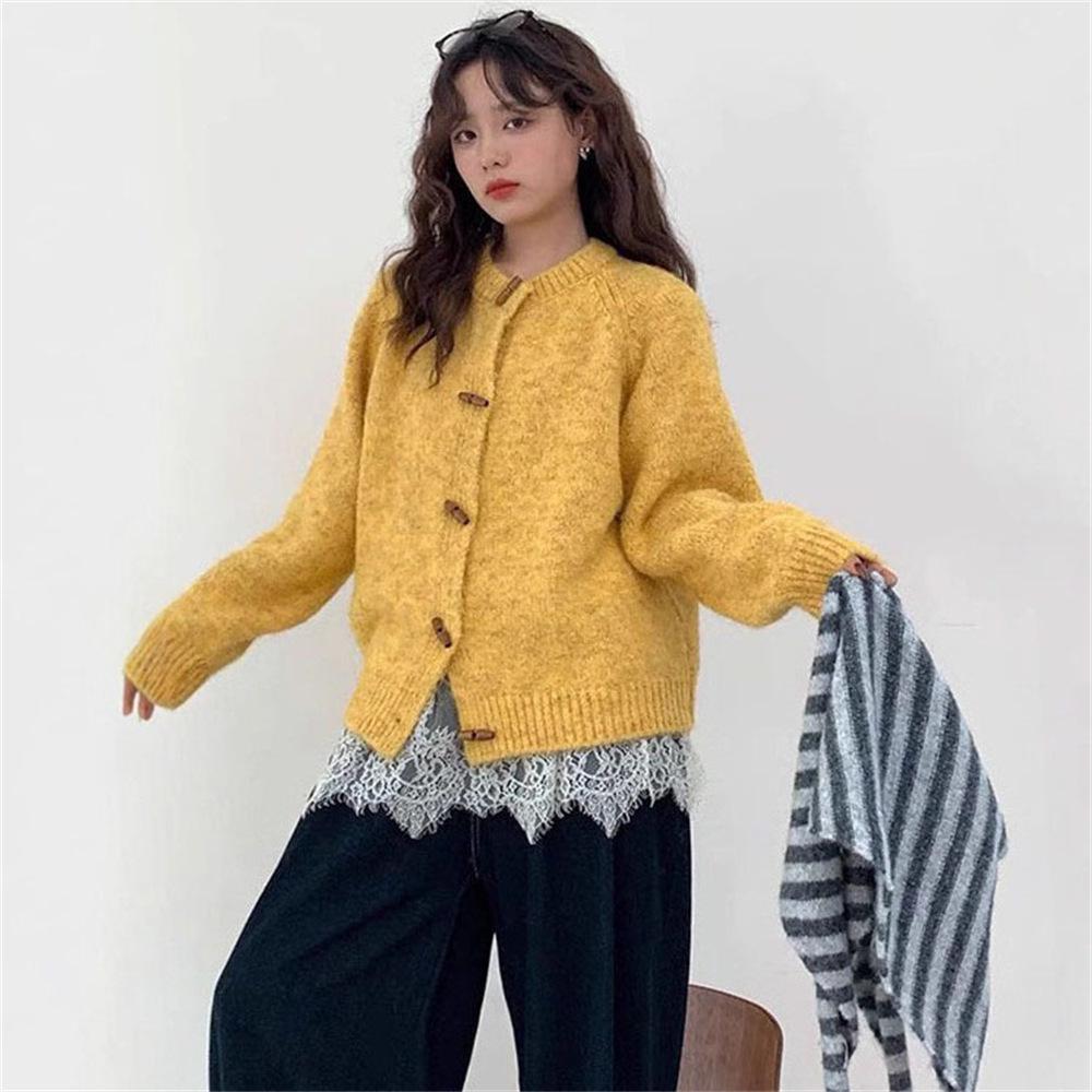 

Женский уютный вязаный кардиган: Свитер свободного кроя на осень/зиму с мягким круглым вырезом One Size жёлтый