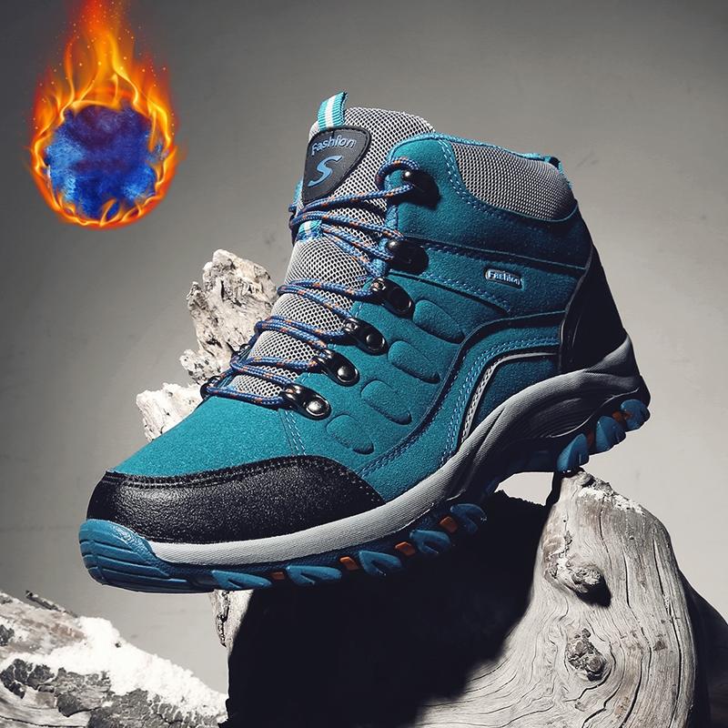 Unisex Peacock Blue Fleece Lined Boots Men Women Outdoor Non-Slip Hiking Shoes Thermal Thick Bottom Warm Climbing Sneakers