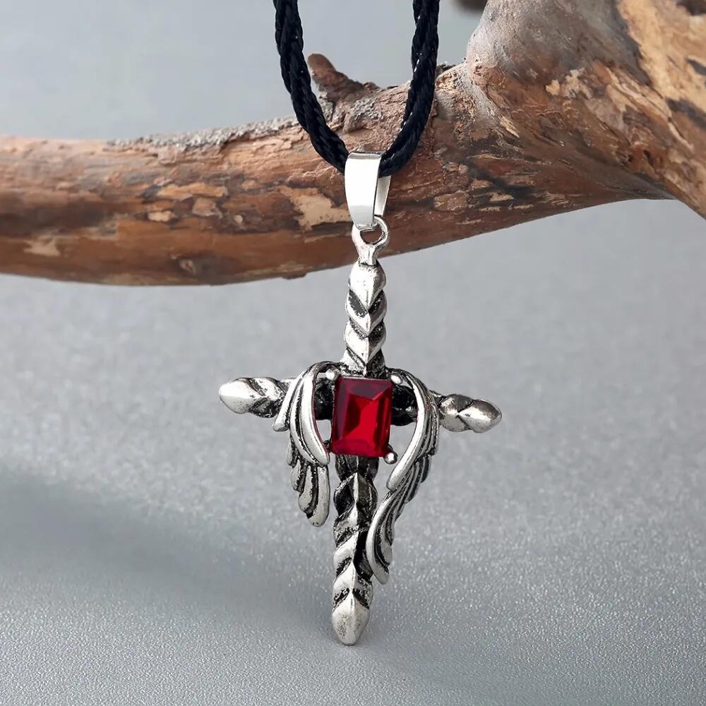

Kinitial Gothic Punk Style Red Cubic Zirconia Inlay Dragon Cross Wings Pendant Necklace for Men Charm Choker Jewelry 45cm