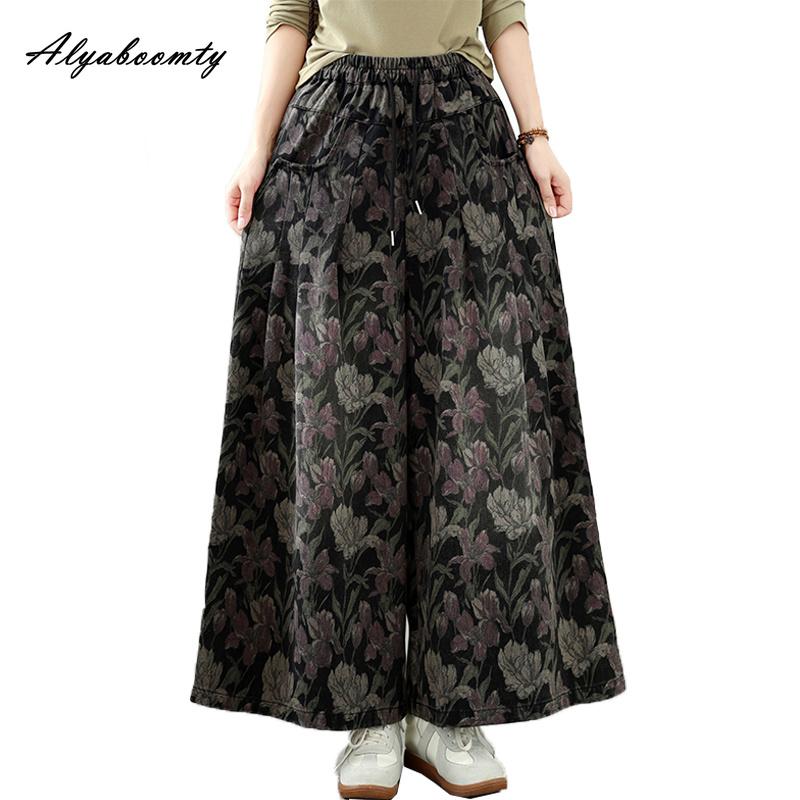 Large Size Autumn Spring Women Straight Jeans High Waist Floral Print Black Denim Trousers Retro Classical Oversized Ladies' Jeans