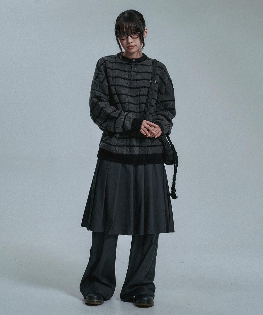 MOO Soft Stripe Henley Neck Knit - Black