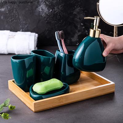 Green Ceramic Bathroom Set Bathroom Supplies Lotion Bottle Toothbrush Cup Mouth Cup Soap Dish Bathroom 5-piece Set Wood Tray