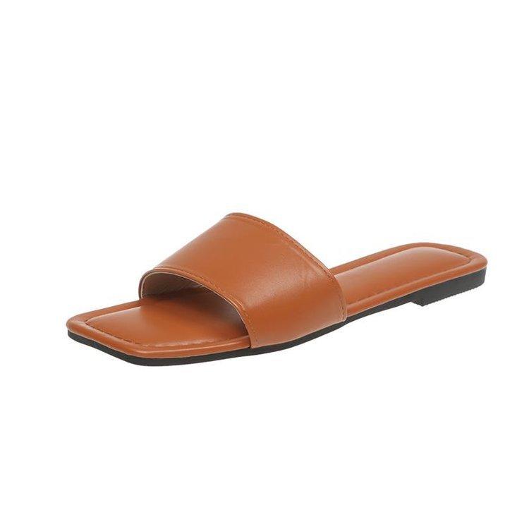 Flat-bottomed slippers women's summer outer wear new summer square head one-word drag large size cool slippers factory