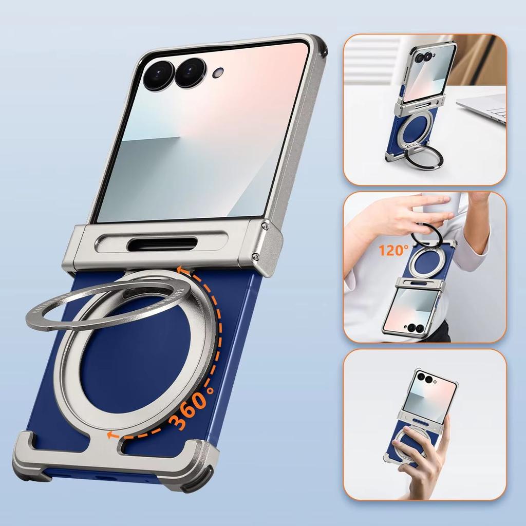 Oatsbasf Metal Frameless Phone Case for Samsung Galaxy Z Flip 7 with 360° Rotatable Stand Magnetic Shockproof Protective Cover