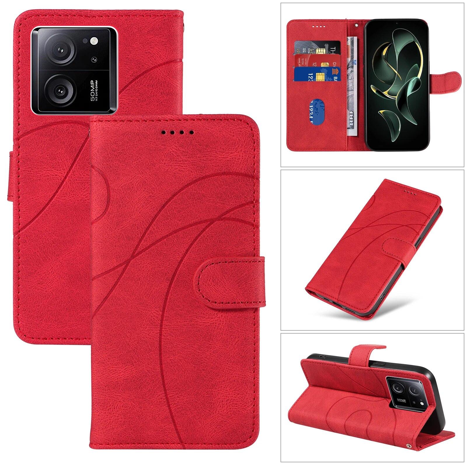 

Для Xiaomi Mi 14 Ultra 14pro кожаный чехол-кошелек с изогнутыми линиями и магнитными картами для Xiaomi 13T 12T 11T Pro 13 Lite Ultra с подставкой-кобурой Redmi Note11pro 5G красный