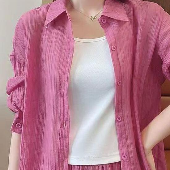Chic Sun Protection Outfit: Women's Petite, Loose-Fit Three-Piece Set - Outer Shirt and Shorts for Summer