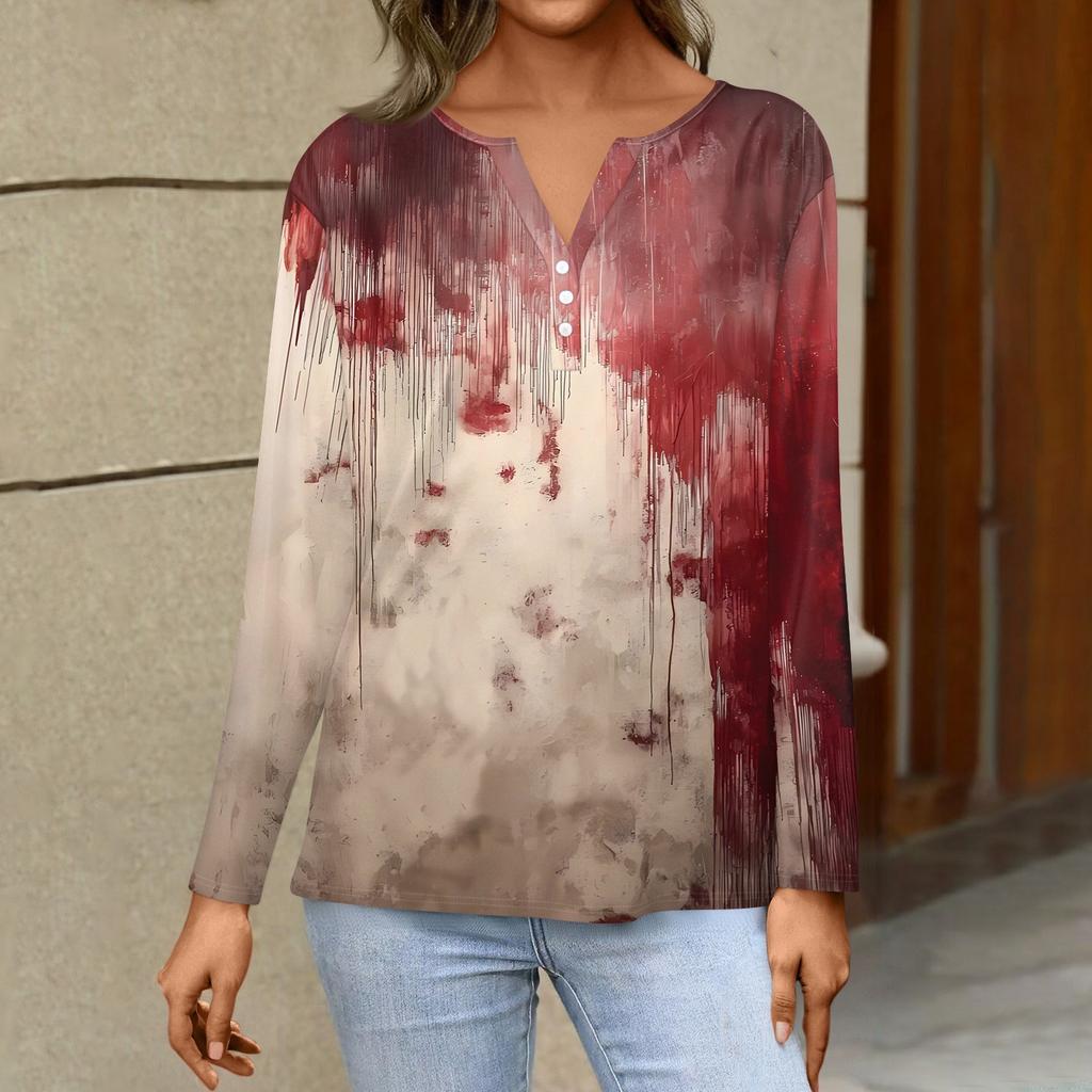 Women's T Shirt Tee HAlloween Print Button Long Sleeve Daily Weekend Fashion Basic V- Neck Regular Top