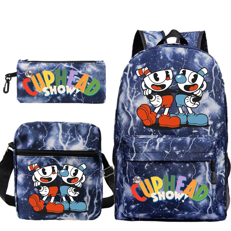 Cartoon Teacup Head Cuphead Student Backpack Oblique Span Bag Pencil Bag Primary And Secondary School Students Children'S Schoolbag Three-Piece Set