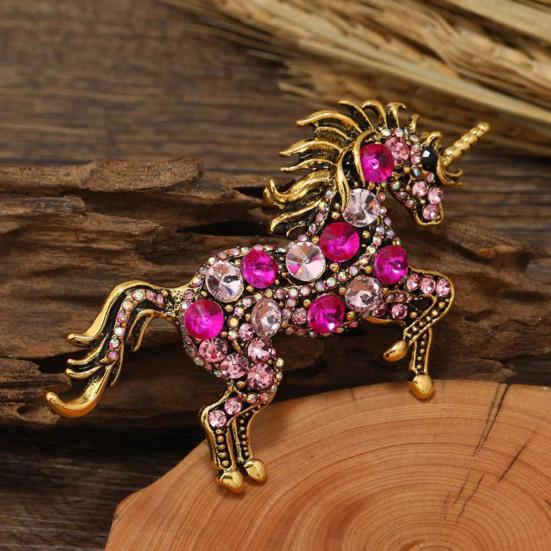 Broche Style Rétro Strass Étincelants Incrustés Design Cheval Broche Épinglette Revers de Col de Costume Badge Accessoire Élégant