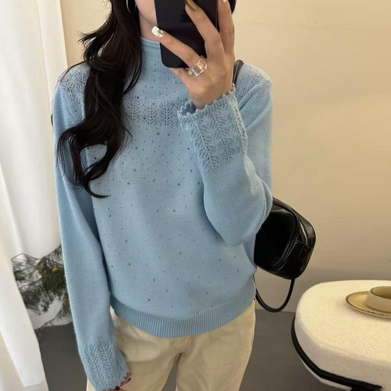 Rhinestone Jacquard Ruffled High-Neck Women's Soft Pullover Sweater