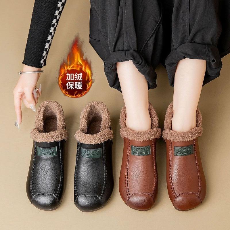 Winter soft leather non-slip mother shoes comfortable soft sole velvet elderly cotton shoes soft leather shoes winter women's shoes fashion boots