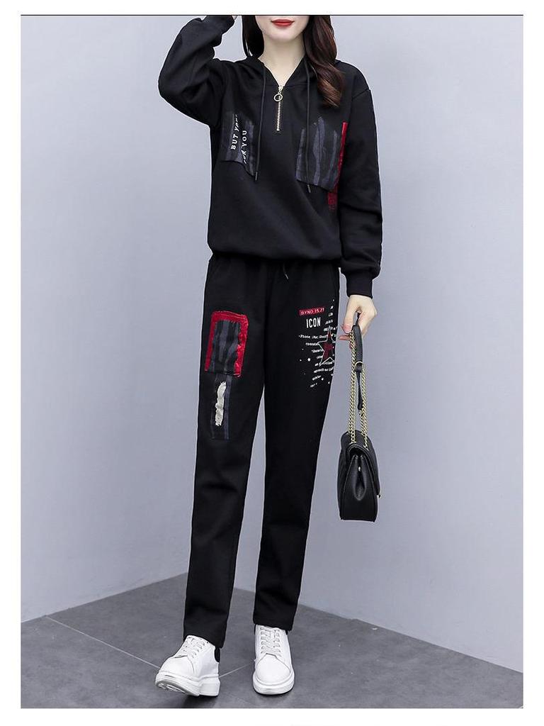 Women's 2025 Autumn/Winter Fleece-Lined Loose Sportswear Set: Long-Sleeve Sweatshirt & Trendy Long Pants.
