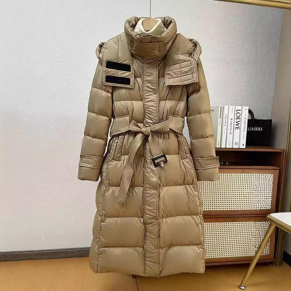 High-end down jacket women's medium and long hooded waist and thin new national standard white duck down jacket temperament trench coat