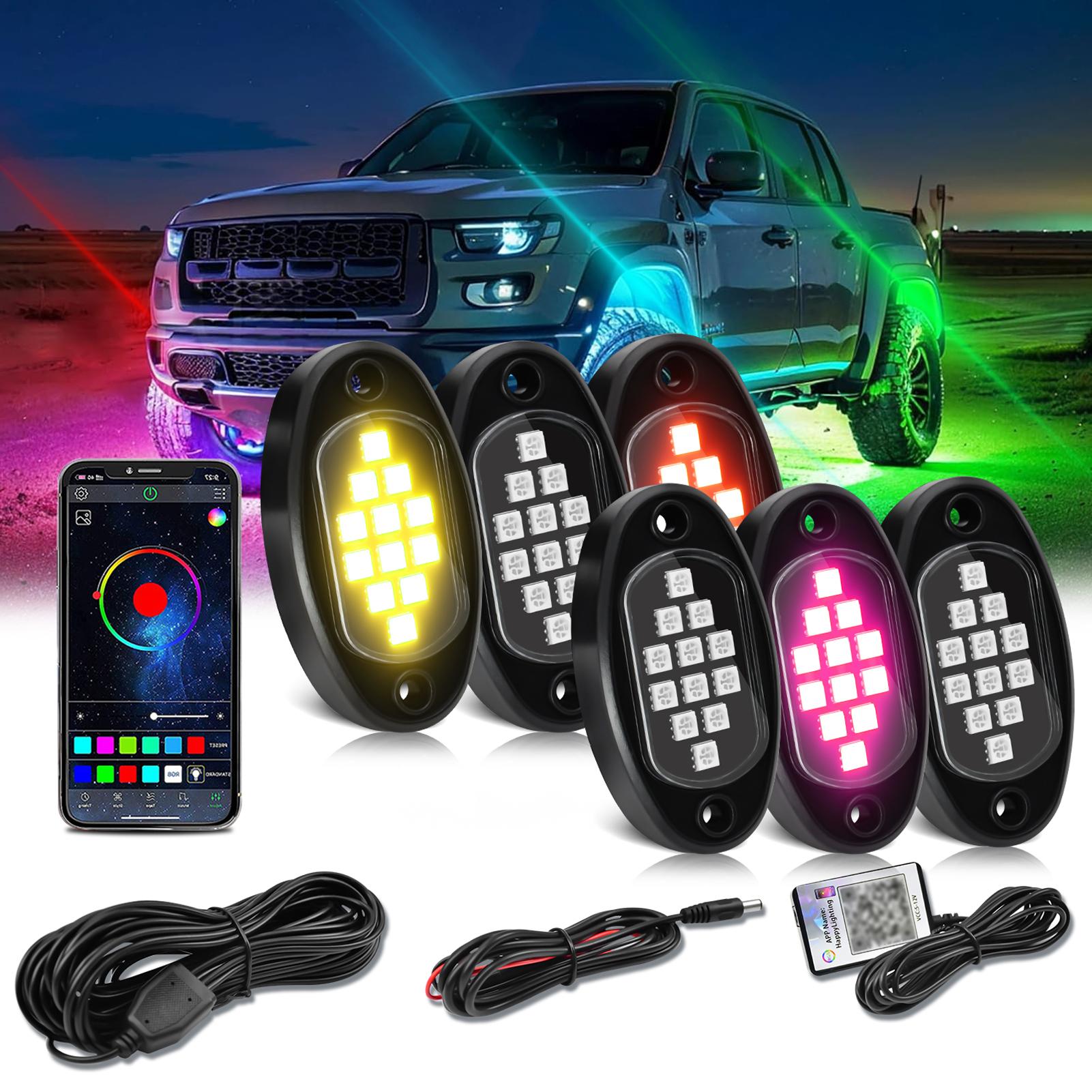 

RGB Подсветка под днище автомобиля, Многоцветный светодиодный комплект подсветки под днище с управлением через приложение, 6 модулей для акцентной подсветки