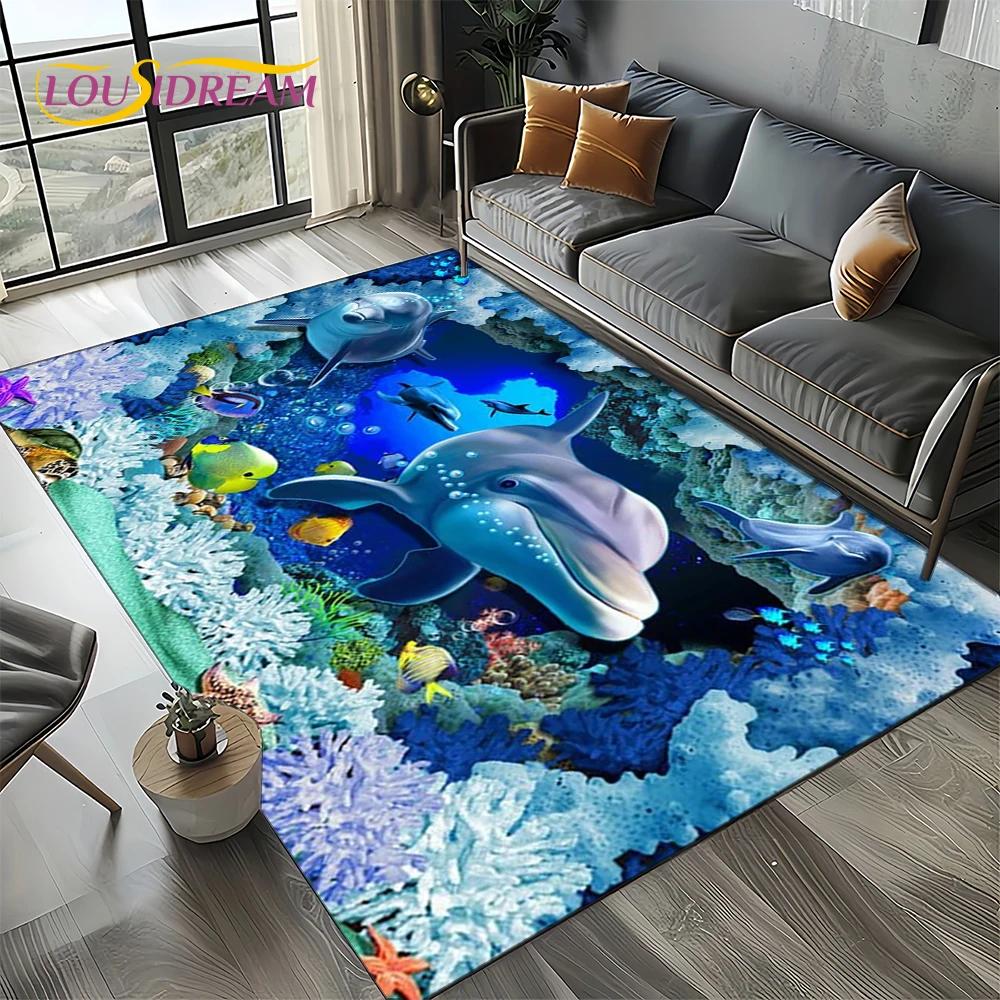 Underwater World 3D Illusion Seabed Cartoon Shark Dolphin Carpet Rug for Living Room Bedroom Home Sofa Decoration,Floor Mat Kid