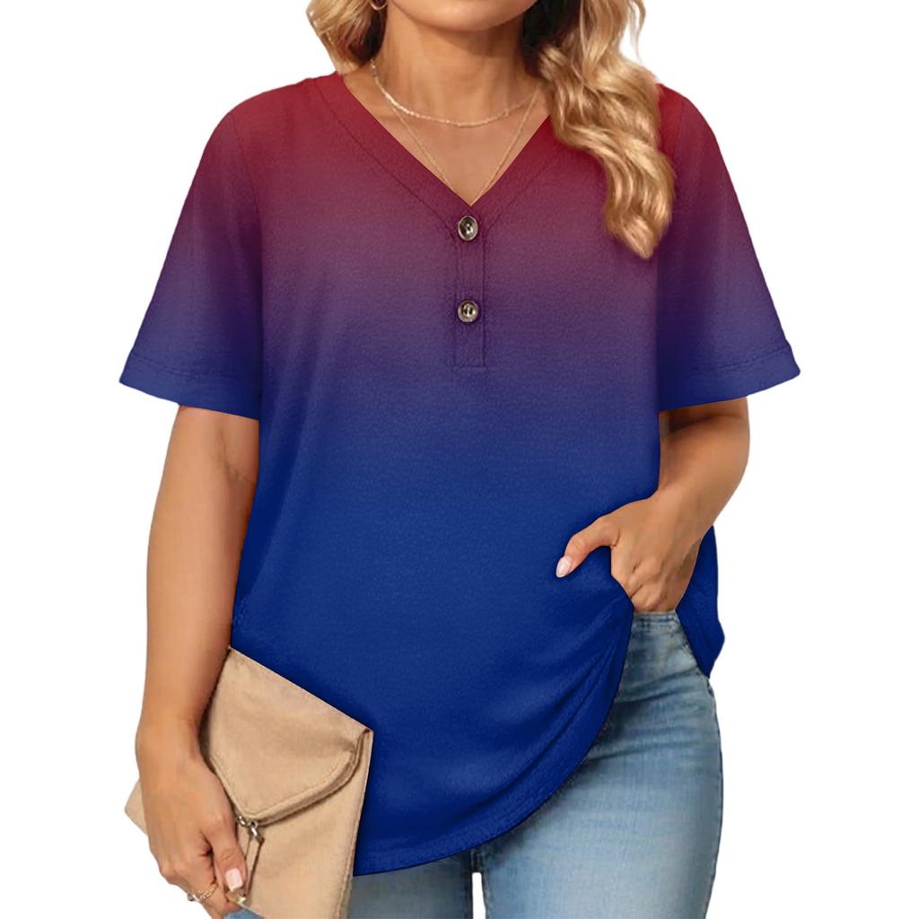 Women's Fashion Casual Printed V-Neck Short Sleeve Large Size T-Shirt Top