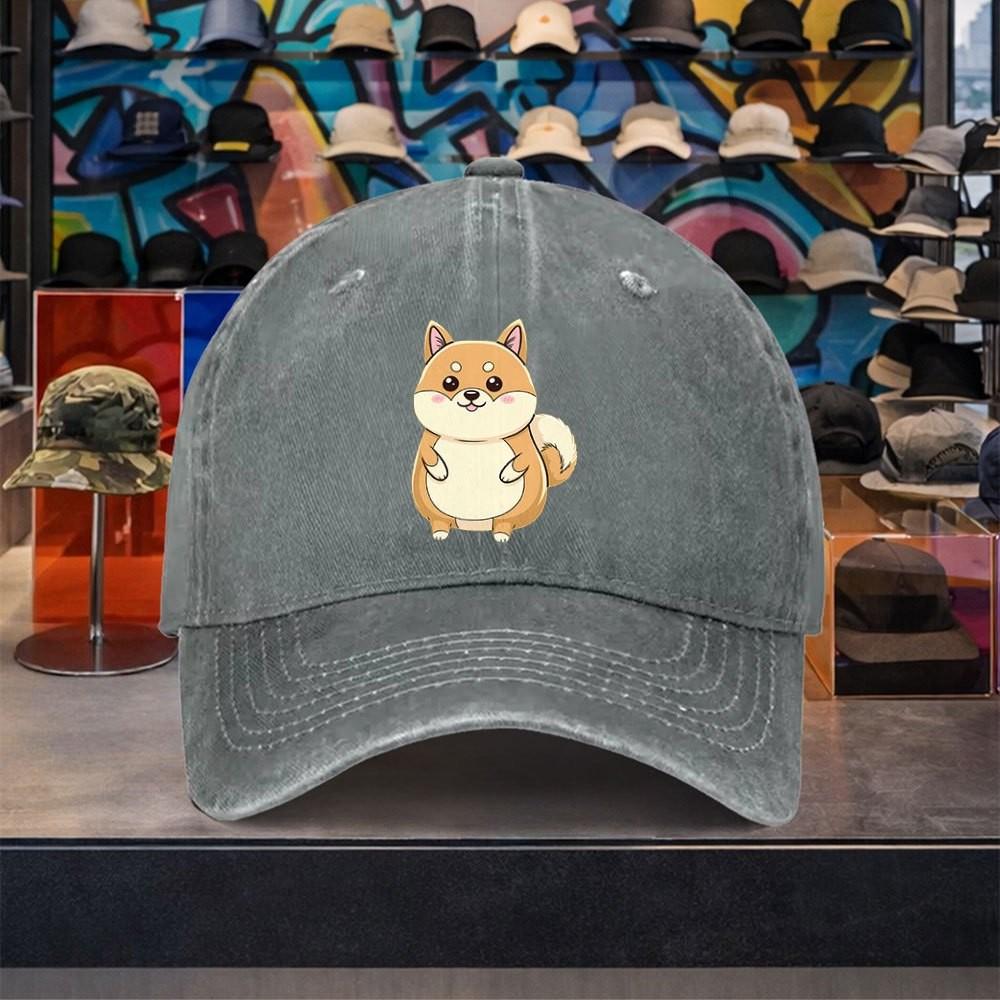 Cartoon Shiba Inu Baseball Cap Distressed Washed Cotton Casual Adjustable Cap for Unisex Travel