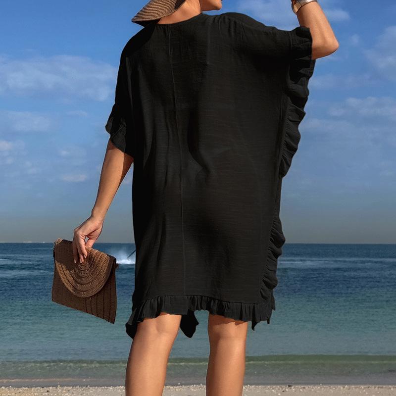 New Hollowed-Out Crochet Flower Collar Ruffle Dress: Comfortable, Loose Sun Protection Cover-Up for Seaside Vacations