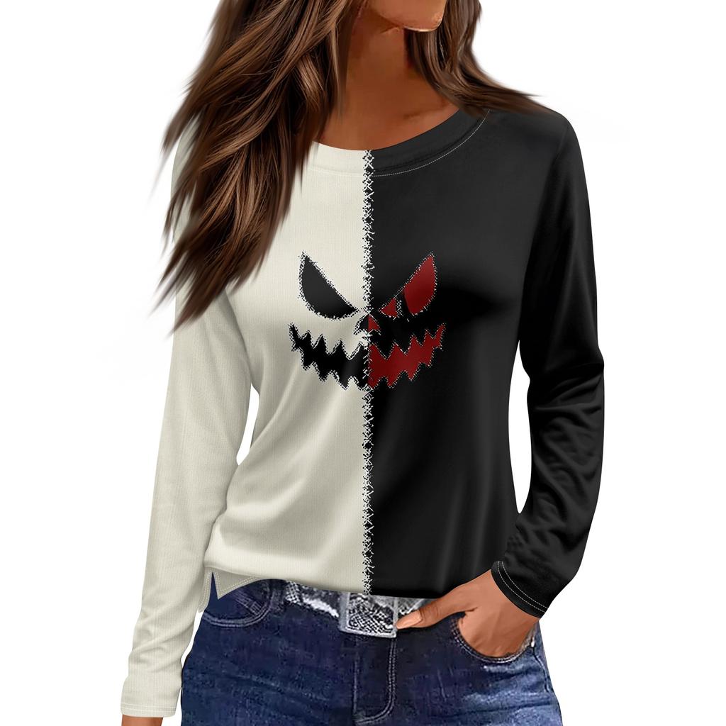 Women's Halloween Print Long Sleeve Round Neck Casual Top with Side Slit