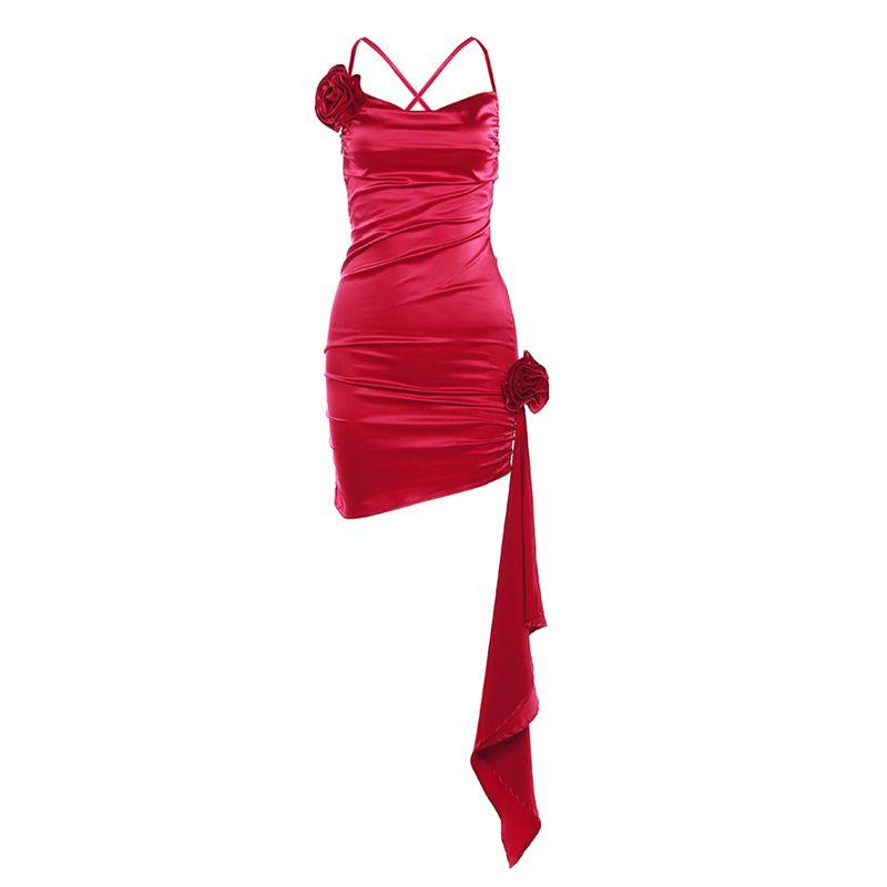 

# Sisjuly# Exquisite Sexy Little Mom Style Rose Embellishment Silm Satin Texture Cut Out Slimming Slip Dress Female Red S