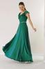 Flounced Collar, Belted Waist, Lined Long Chiffon Dress