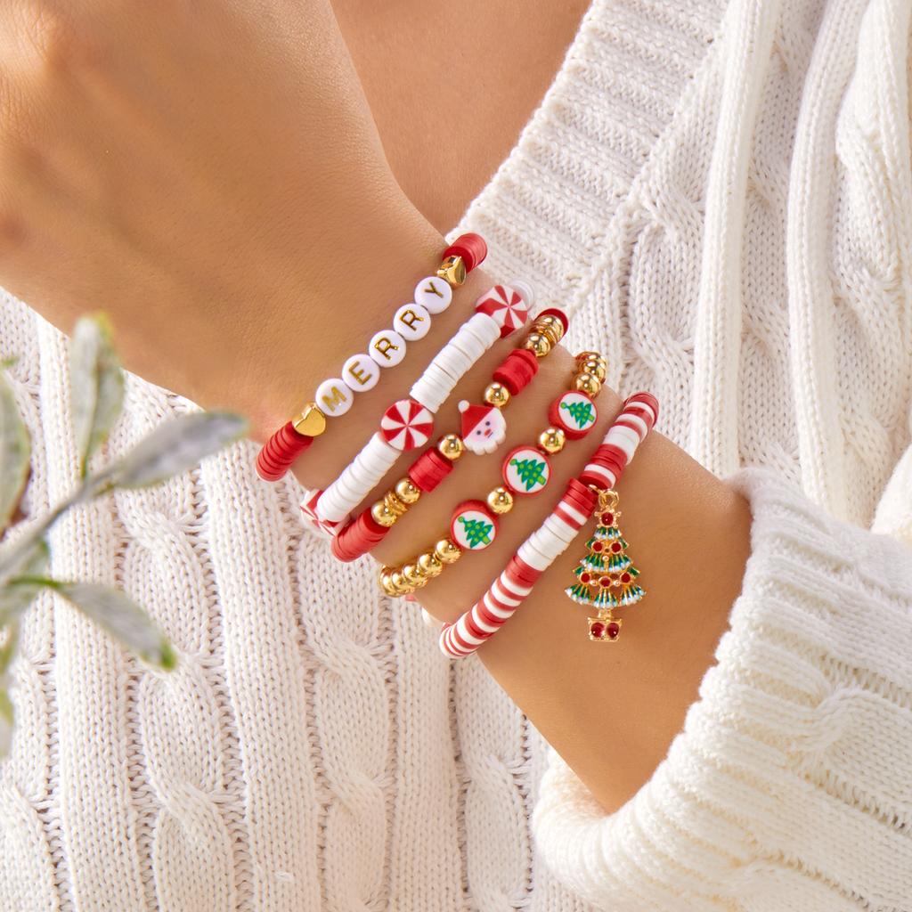Christmas Soft Clay Snowflake Santa Claus Xmas Tree Bracelet Set for Women Multilayer Letter Beaded Bracelets Party Holiday Gift