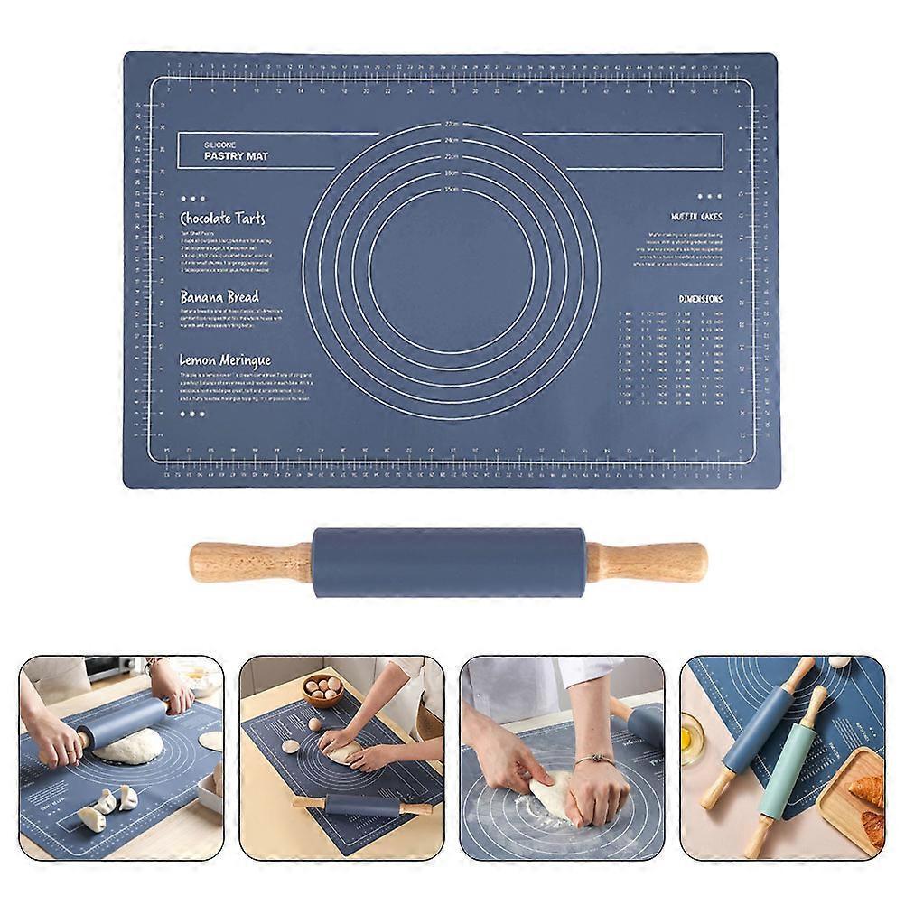Kitchen Silicone Dough Baking Mat and Wooden Rolling Pin Set 1Set