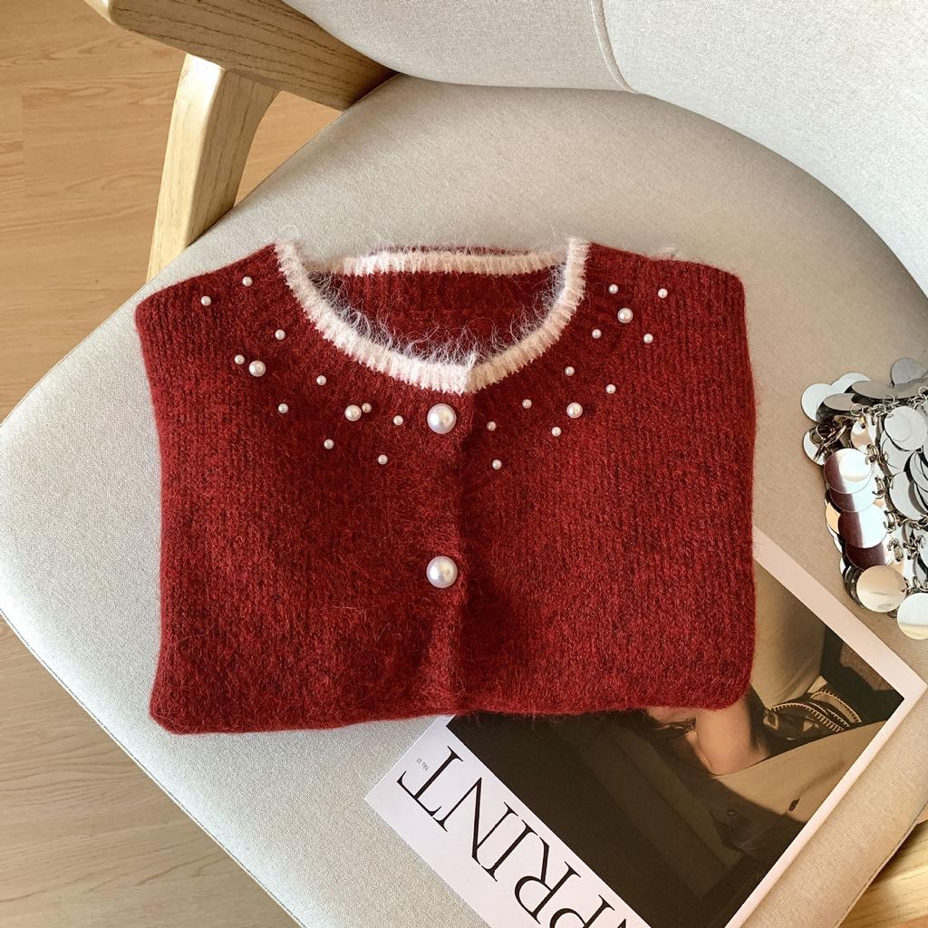 Bead craftsmanship heavy industry thin temperament sweater cardigan women autumn and winter sweet on