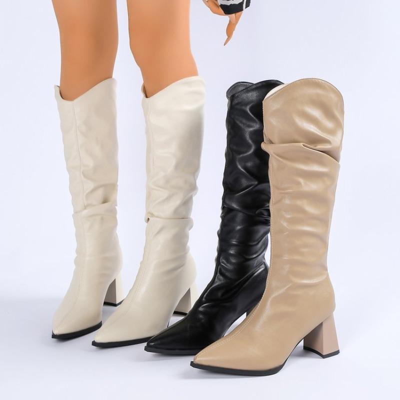 Fashion No Knee 2025 New Thigh Boots Women's Small Block Heel Pleated Knight Boots High Heel
