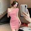 Temperament dress children's summer 2026 new diagonal neck off-the-shoulder pleated sexy tight hip skirt Spice girl short skirt