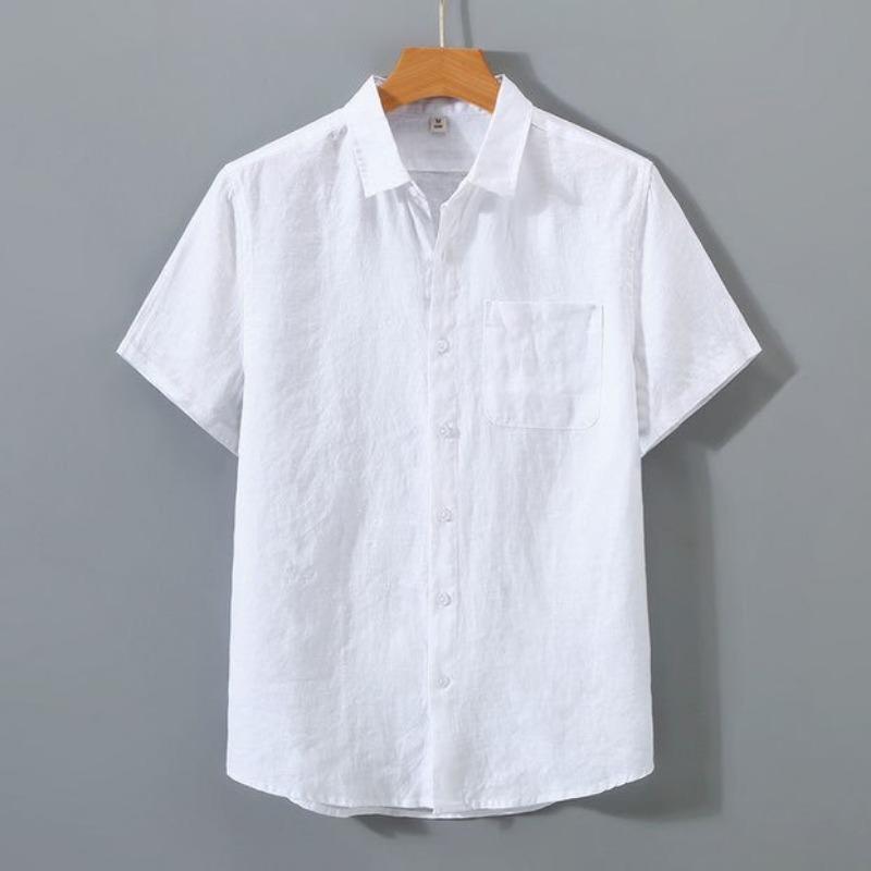 Men Solid Retro Casual Thin Short Sleeve Turn Down Collar Shirt S