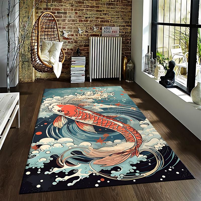 Artistic Carpet with Red Koi and Waves Suitable for use as an anti-slip game mat for living room and bedroom sofas