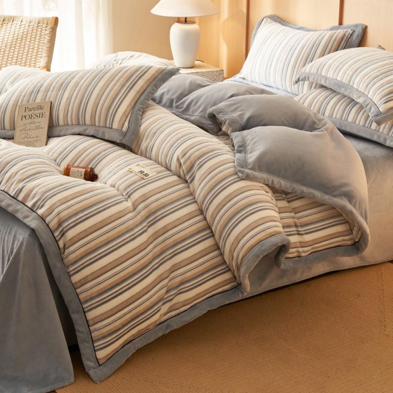 Winter Milk Fleece Bedding Set Thick Coral Sheet Modern Minimalist Style Geometric Plaid