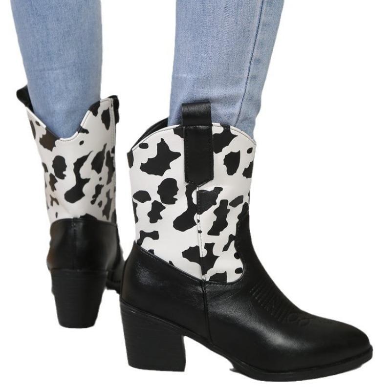 Plus-size cow color matching square heel fashion boots autumn and winter mid-leg women's boots