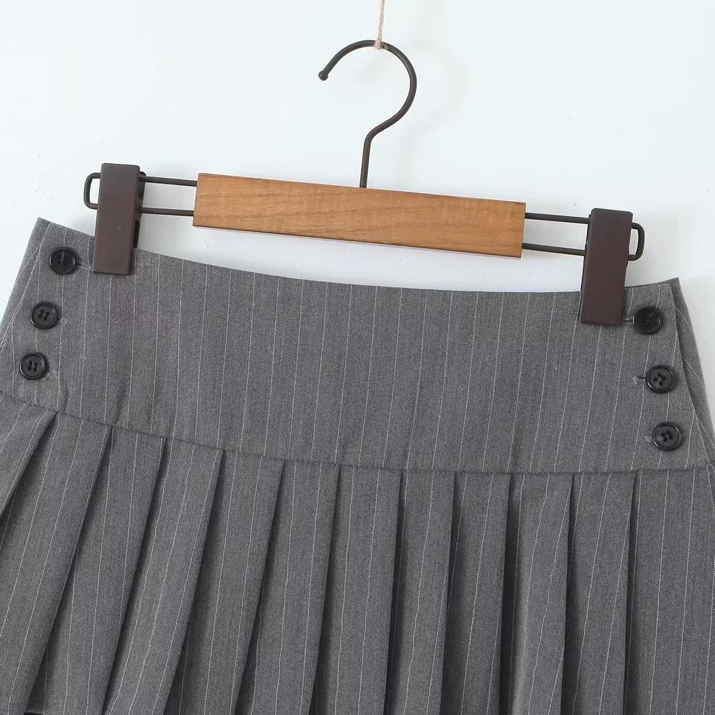 Vintage Y2k Striped Pleated Skirt Women Sexy Preppy Style Low Waist Button Slim A-line Micro Mini Skirt Streetwear