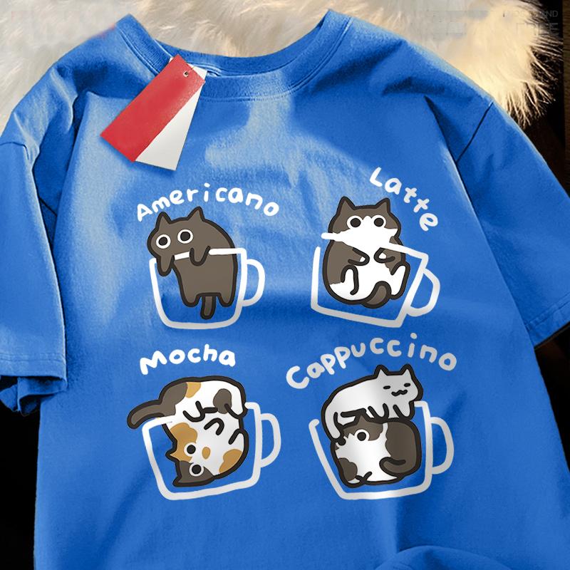 Katze Kaffee Reine Baumwolle Trendiges Sommer Locker Kurzärmeliges T-Shirt Unisex Damen Original Mokka Latte Katze Drei Blumen Lustige Katzen-T-Shirts