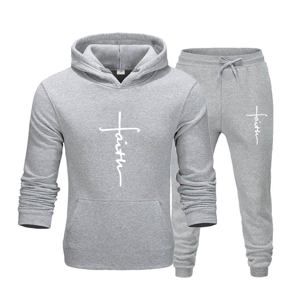 "Faith" Men's Casual Sports Hooded Sweatshirt +Drawstring Pants 2 Pieces Sets  Letter Print Sweatshirt Fleece Hoodie Set Men's