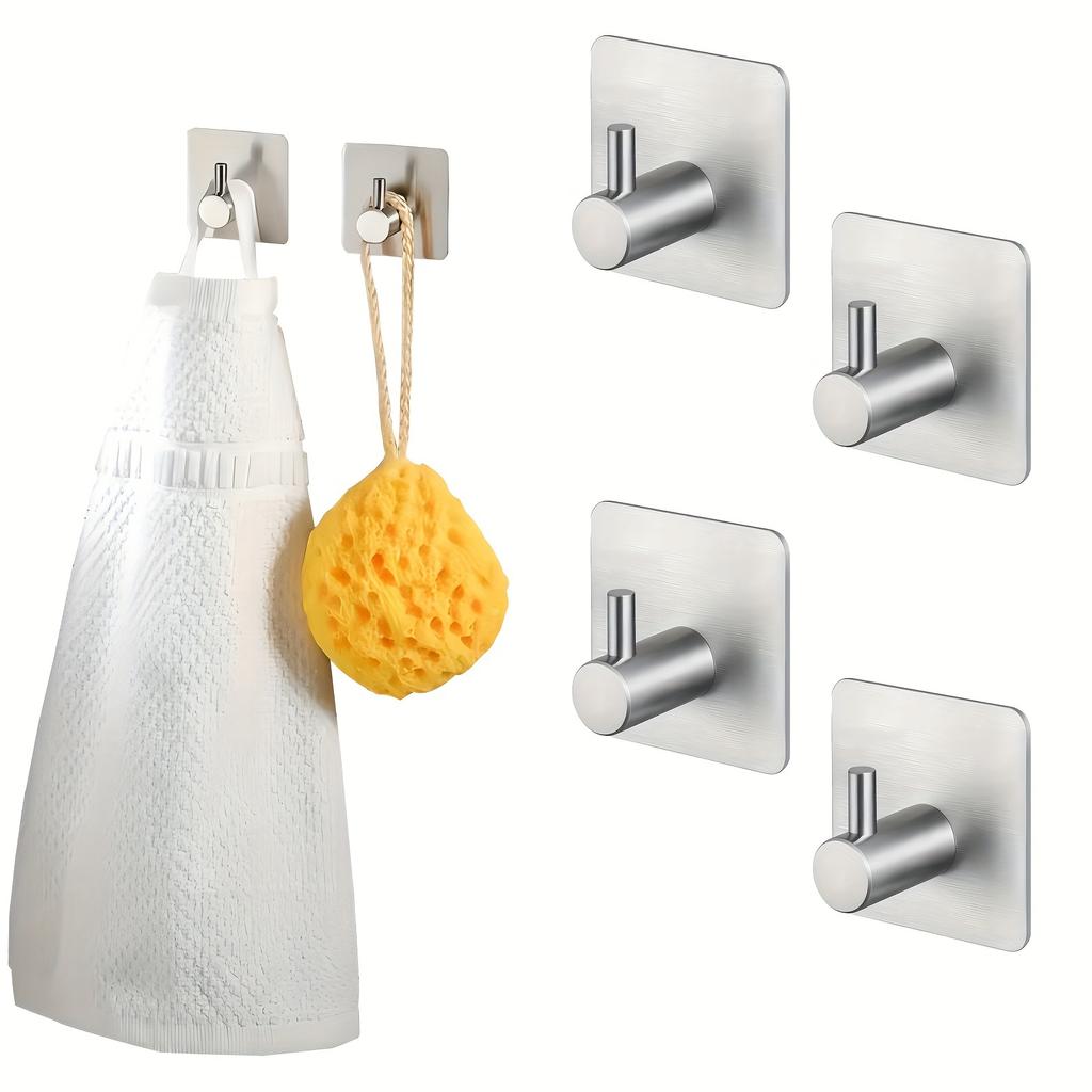 Stainless Steel Adhesive Hooks, Heavy-Duty Wall Mount Utility Hooks for Hanging Towels, Clothes, Hats, and Robes - Easy To Install
