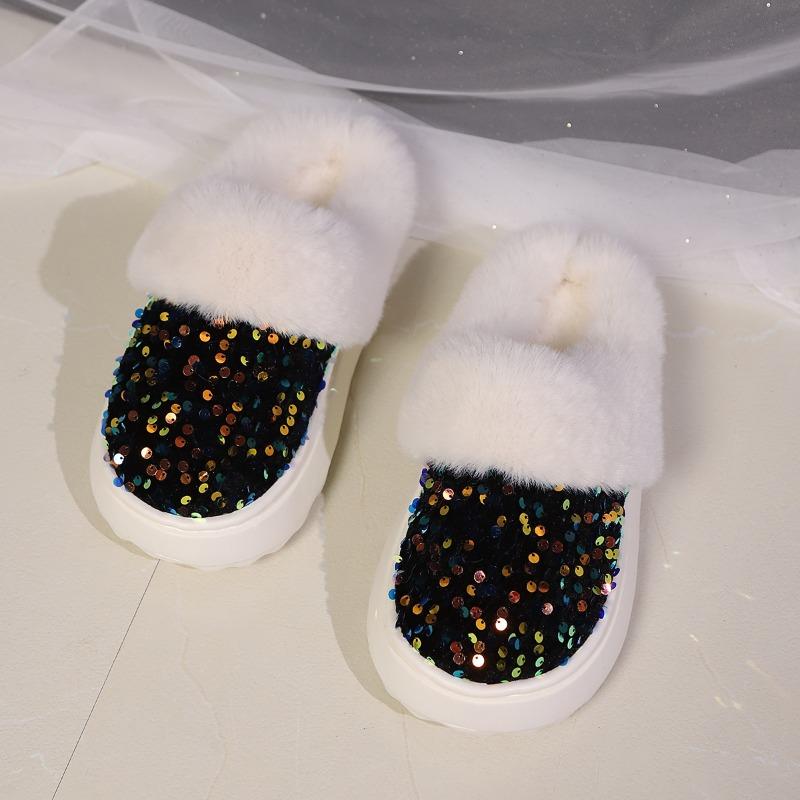 Cotton Slippers with Girly Glitter, Wide Fuzzy Collar, Plush-Topped, Warm Home Cotton Slippers
