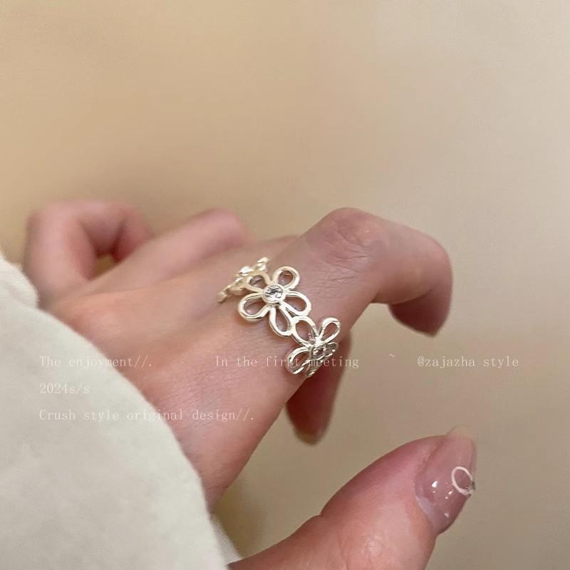 2pcs/set Silver Color Rings Double Hollowed-Out Imitation Pearl Adjustable Ring Women Fashion Light Luxury Party Jewelry