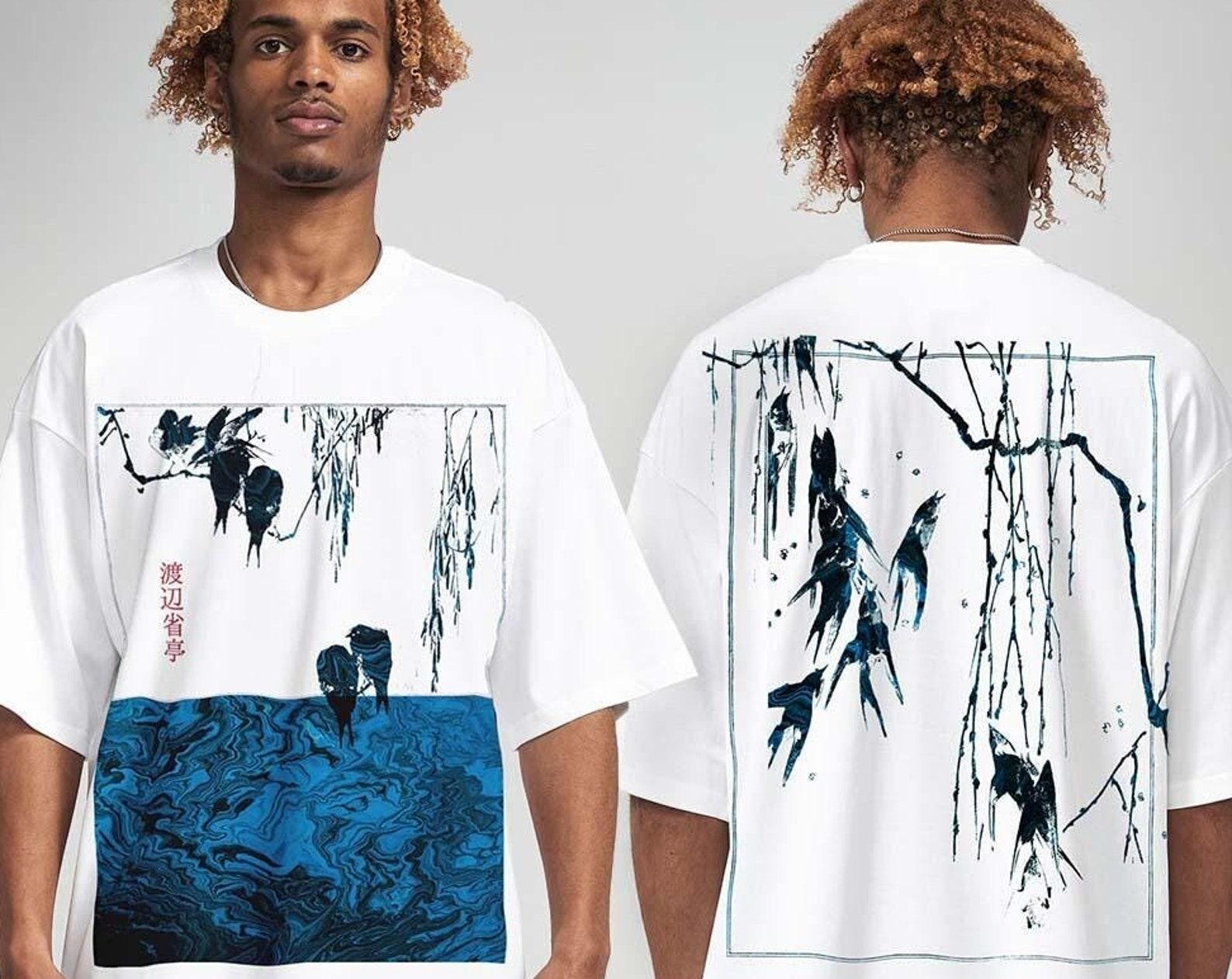 Premium Quality Japanese Streetwear Shirt: Swallow Bird Kanji Graphic, Oversized Fit S