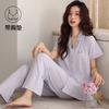 Pajamas with chest pads women's summer thin cotton short-sleeved trousers large size casual relaxation cardigan loungewear set