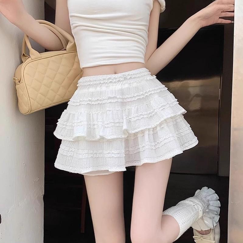 Women's White Lace Puffy Mini Skirt - High-Waisted A-Line Ballet Style, Summer 2026 Collection.
