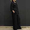 New Solid-color Collarless Shirt and Wide-leg Pants Set for Women - Loose-fitting Casual Long-sleeved Two-piece Set
