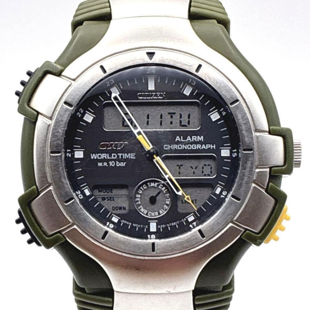 Used [New battery] CITIZEN OXY C420 Digital Analog Camouflage World Time Watch