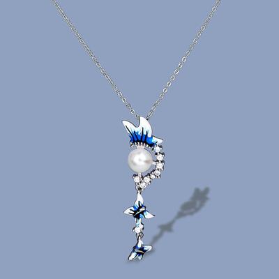 Elegant Pearl Necklace for Women Blue Butterfly Tassel Pendant Necklace Fashion New Handmade Enamel Ladies Fall Sweater Chain