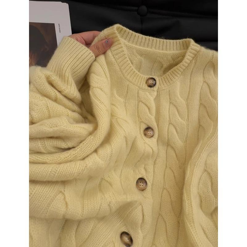 New twist crew neck sweater jacket women's autumn and winter soft waxy lazy gentle wind yellow knitted cardigan