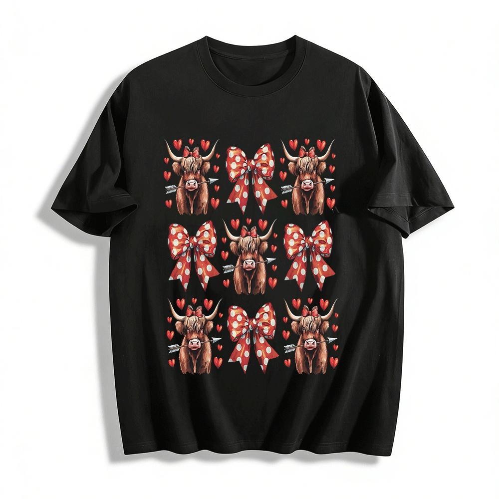 Vintage Highland Cow Heart Polka Dot Bow Print Casual Top Pure cotton T-shirt XXS
