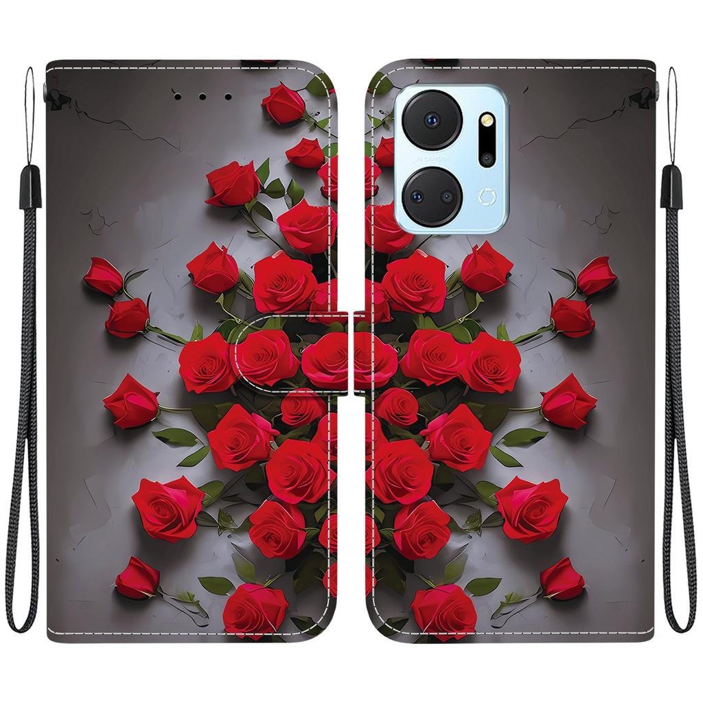 Handmade PU Leather Flip Case for Honor X7a Anti-Slip Shockproof Cover with Wrist Strap & Heart/Rose Cat Designs