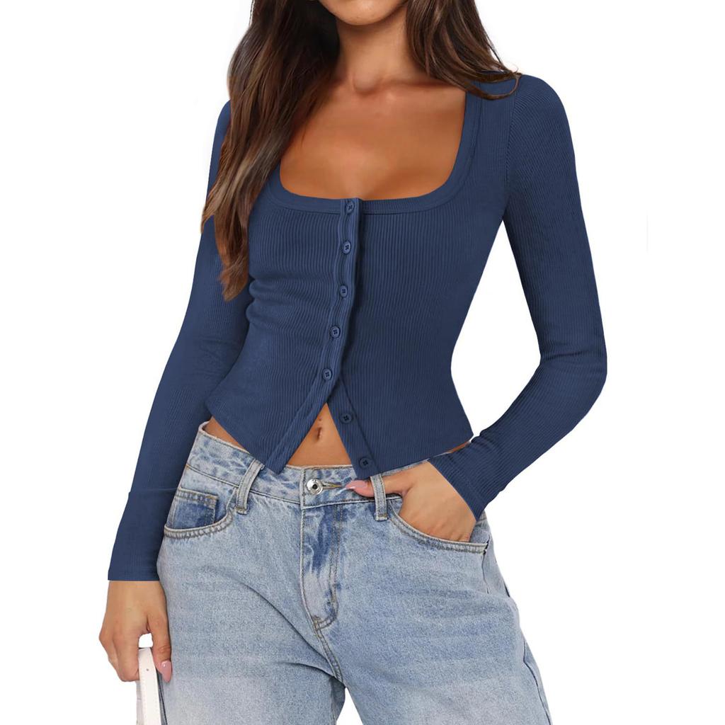 Women's Fashionable Color Square Neck Knitted Thread Single Button Slim Fit Long Sleeved Top